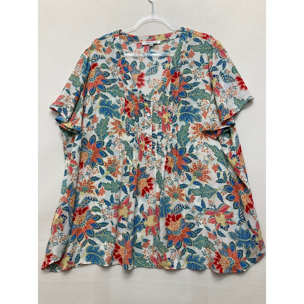Rose+Olive Blouse Size 3X Multi Floral Paisley V-Neck Button Pintuck Casual
